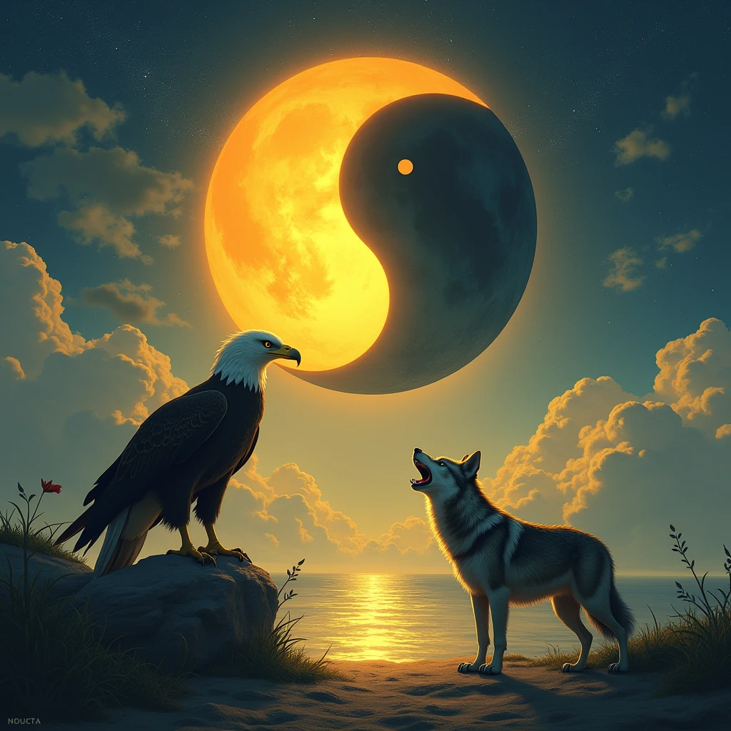 (Ying Yam yellow sun and black moon with white.
Also a lone eagle with its wings spread in the corner and a lone wolf howling looking at the Ying Yam 