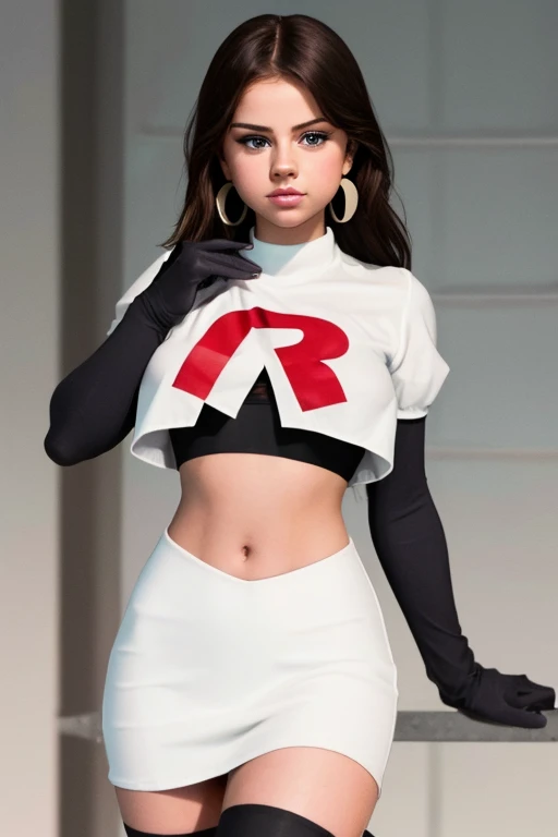 The face of Selena gomez, 1girl, solo, team rocket,team rocket uniform,white skirt,red letter R,crop top,black thigh-highs,black elbow gloves, earrings, large breasts,