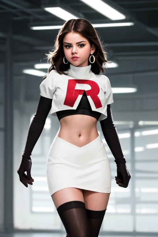 The face of Selena gomez, 1girl, solo, team rocket,team rocket uniform,white skirt,red letter R,crop top,black thigh-highs,black elbow gloves, earrings, large breasts,