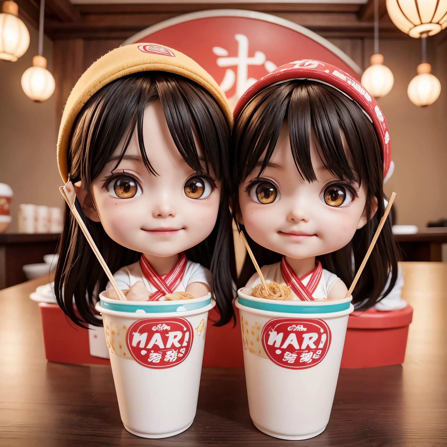 A striking advertising for the company MIKARU Store. add Two sister in chibi anime style, smiling with joy. Dark hair fringe. Both sisters are eating ramen promoting ramen pots with MIKARU Store Logo. Warm ambiance, Korean decoration, kpop dressing and accesories.