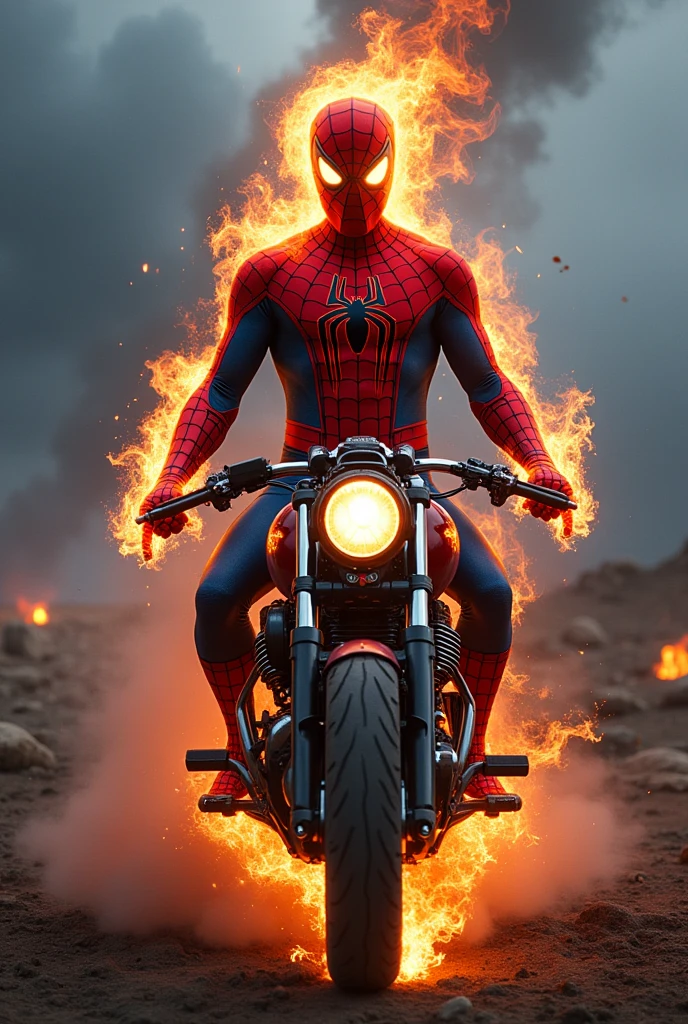 (Spider-Man in ghost Rider look with ghost Rider bike, full body look