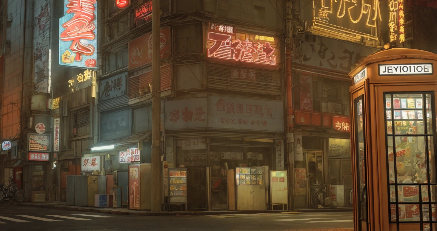 Jingdong Street at night,Late night street,小店招Card,Card,Street vending machines,Old building,Door,New Tokyo Background, Real texture,ue5 render,3D Rendering,少量灯Card
