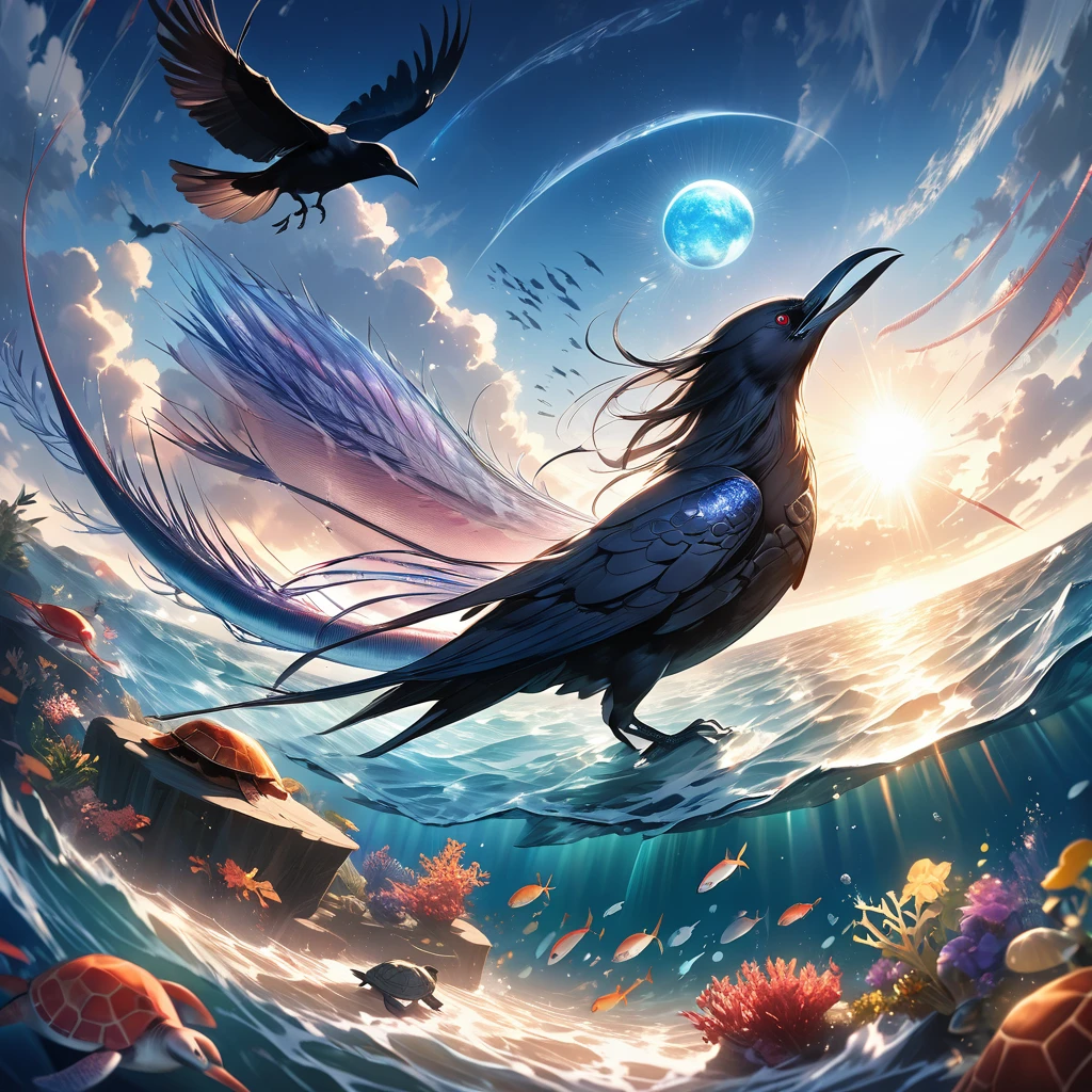 Dazzling Light、lame、A big shining sun、Beautiful and wide sea、One large oarfish、A turtle floating in the sea、A crow、Transparent and beautiful lighting, Artistic design、Pop Fantasy, Vast views、Detailed depiction、Sparkle Effect, Soft Light, Iridescent Oarfish、Bright light、A crow、Fantasy、A Kind World、Lassen、