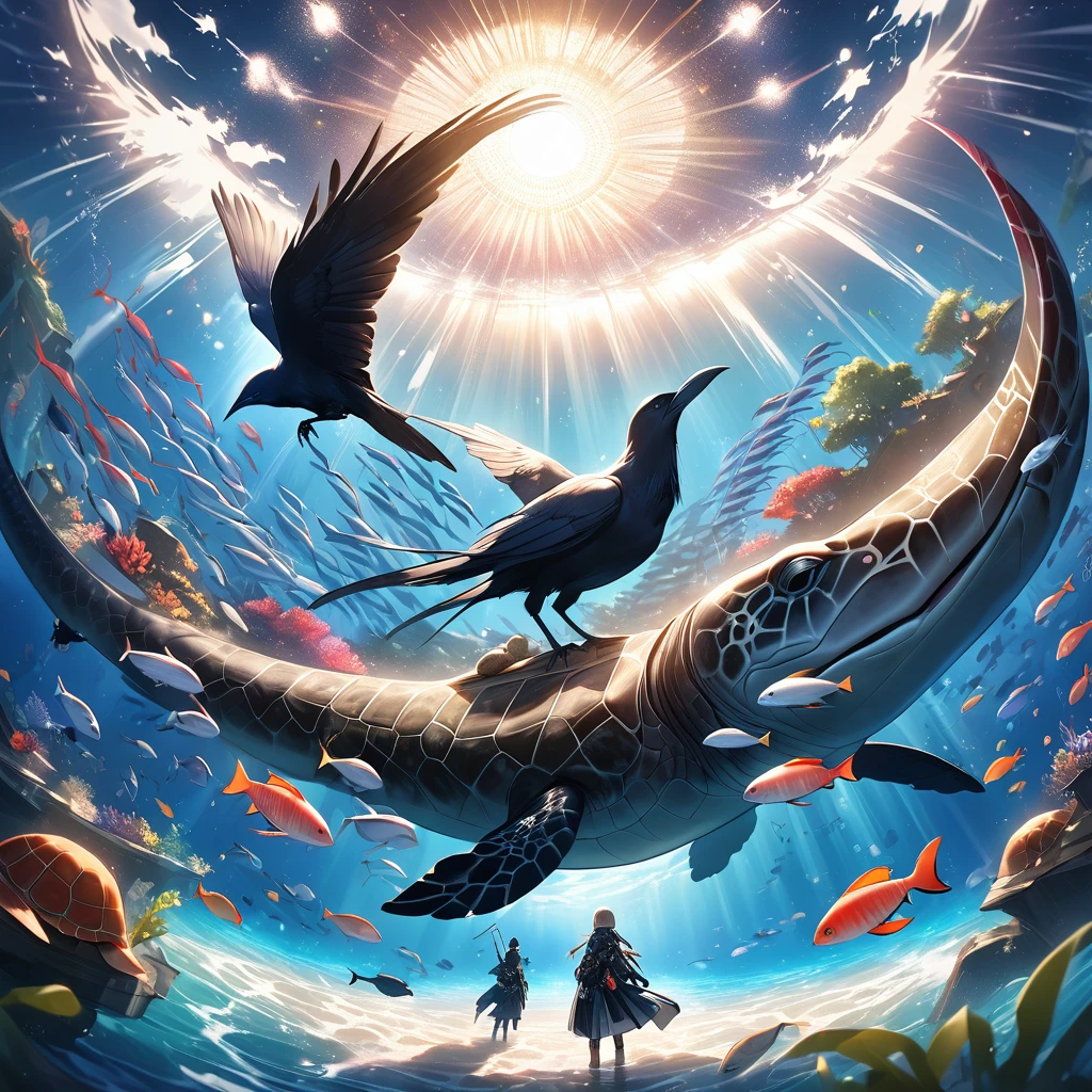 Dazzling Light、lame、A big shining sun、Beautiful and wide sea、One large oarfish、A turtle floating in the sea、A crow、Transparent and beautiful lighting, Artistic design、Pop Fantasy, Vast views、Detailed depiction、Sparkle Effect, Soft Light, Iridescent Oarfish、Bright light、A crow、Fantasy、A Kind World、Lassen、
