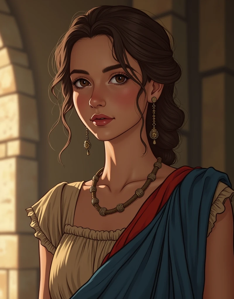 Side view, close up,  on floor , standing pose, on floor , in Serbian pub,  BC 4 century,　Her is name Helena, 20 years old, Greek old-style clothing ,　Serbian girl, (Light Brown Hair, middle hair ,brown  eyes, Beautiful Lips,  Small lips, little smile),,Red wide belt,(middle  Breasts, middle Hips) ,  (wearing khaki color  one-piece shirt, rope belt ), (Blue Toga:1.3),  poor sandal, Textured skin , HI Detail Skin, (Shorthand, Canon, 8k, Anatomically correct,  Super Detail, Attention to detail, Your Highness)