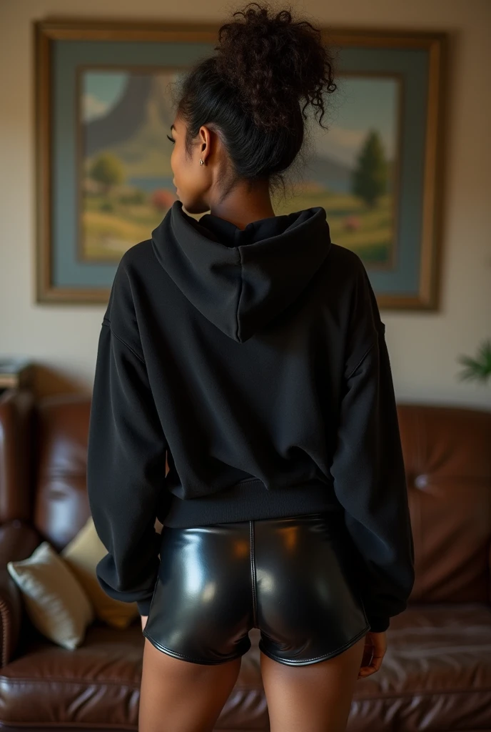 black woman hair in a bun black hoodie black leather short shorts being fucked in the ass by a old grandma in a dress