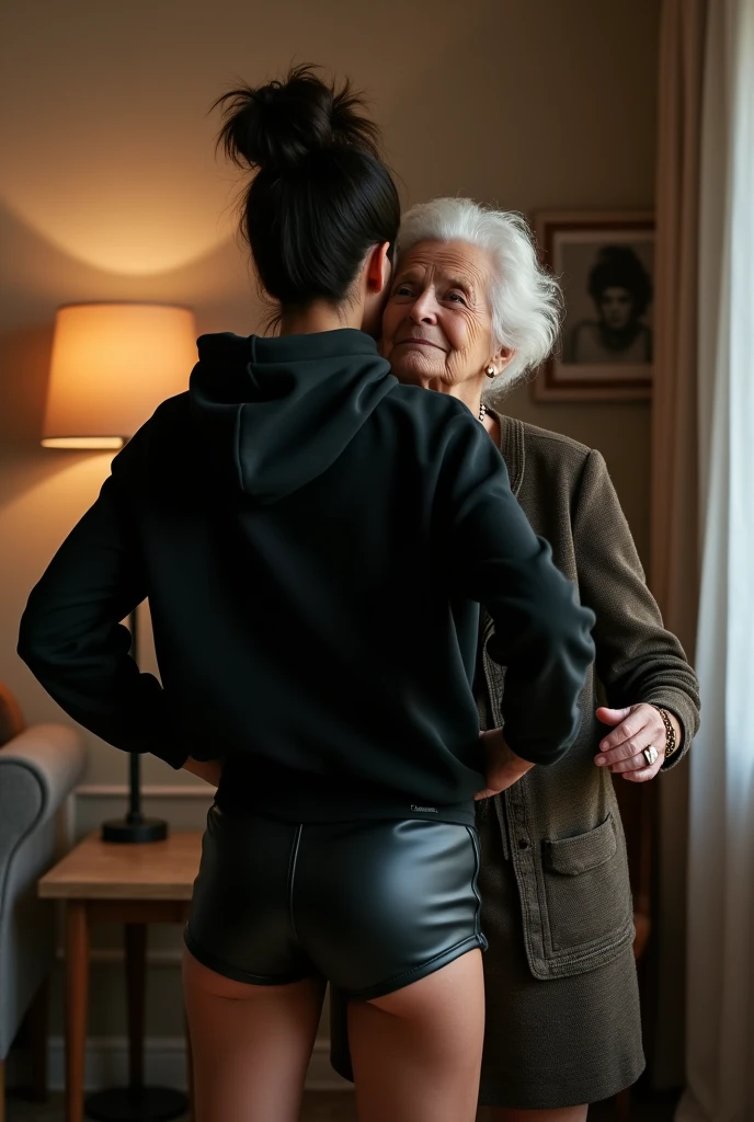 black woman hair in a bun black hoodie black leather short shorts being fucked in the ass by a old grandma in a dress