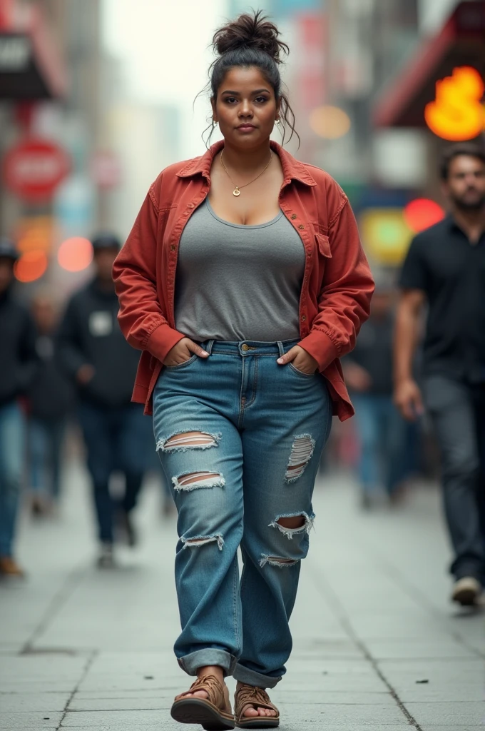 Full body photo of a chubby beautiful woman in her 30s, detailed face, big eyebrows, sport slide sandals, messy bun punk hairstyle, ripped baggy jeans, walking in a chaotic urban environment with many people around, professional photography, 1 woman, realistic, photorealistic, photo-realistic:1.37, 4k, 8k, highres, masterpiece:1.2, ultra-detailed, HDR, UHD, studio lighting, ultra-fine painting, sharp focus, physically-based rendering, extreme detail description, professional, vivid colors, bokeh