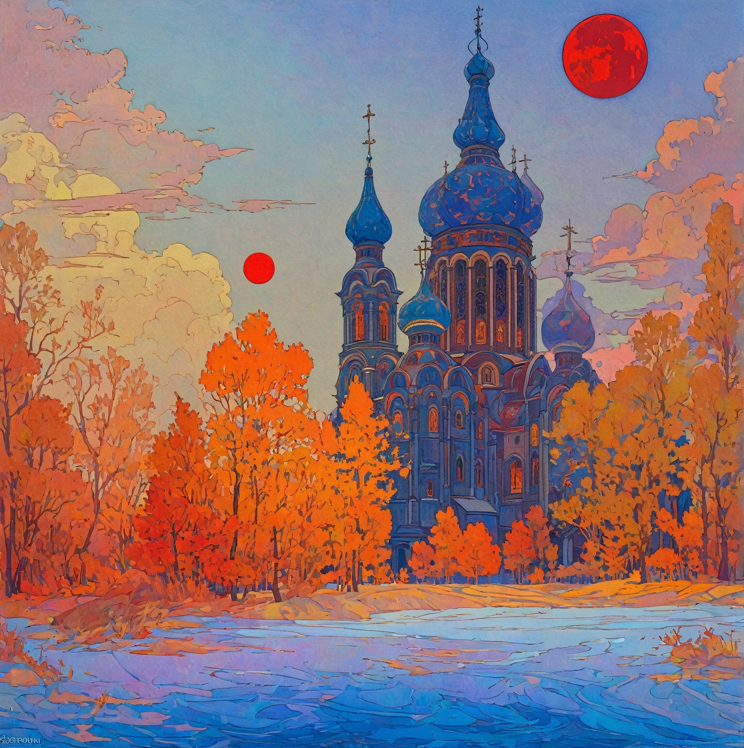 A painting of a church，There is a red moon in the sky, Ivan Bilibin (Ivan Bilibin) of inspiration, slav epic, Inspired by Igor Grabar (Igor Grabar), cathedral of the sun, inspired by Yuri Ivanovich Pimenov, beeple and alphonse mucha, Alexander Deneca, inspired Alexander Deneca, 受到 Andrey Esionov of inspiration