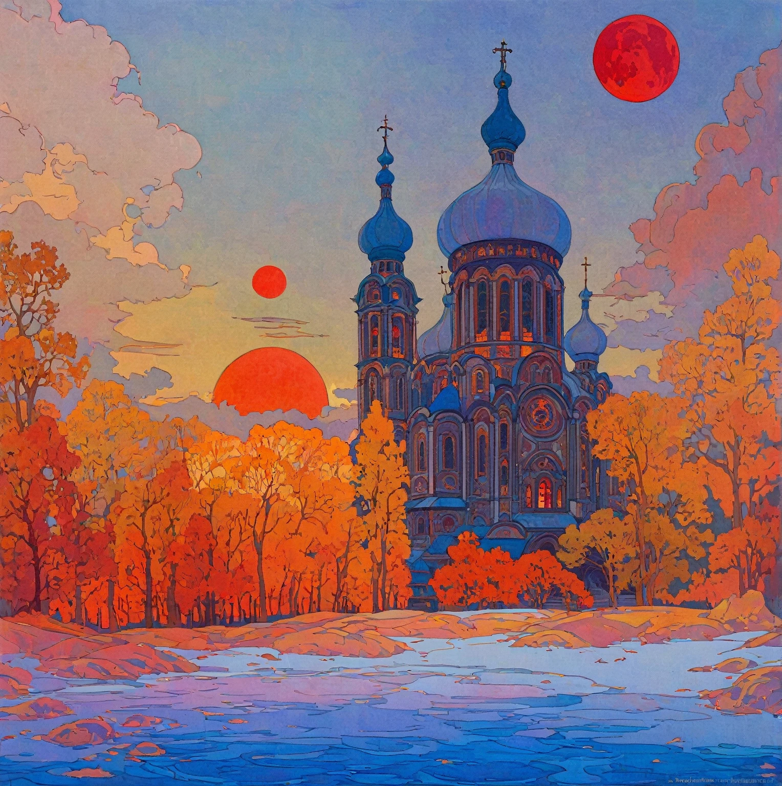 A painting of a church,There is a red moon in the sky, Ivan Bilibin (Ivan Bilibin) of inspiration, slav epic, Inspired by Igor Grabar (Igor Grabar), cathedral of the sun, inspired by Yuri Ivanovich Pimenov, beeple and alphonse mucha, Alexander Deneca, inspired Alexander Deneca, 受到 Andrey Esionov of inspiration
