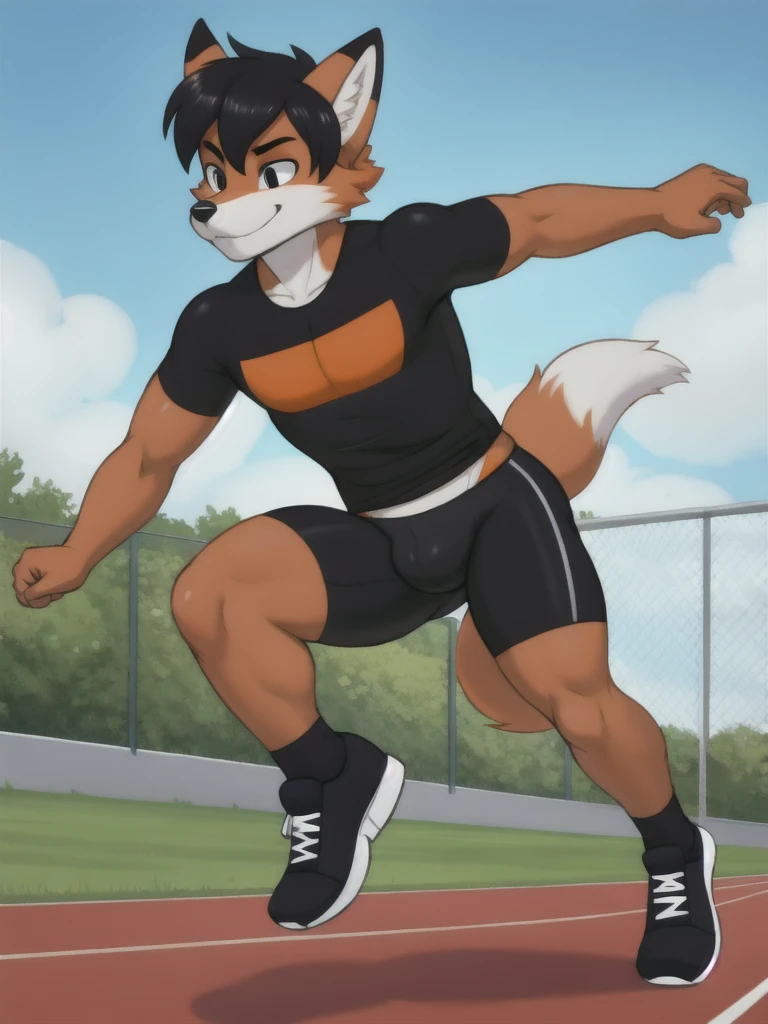 Furry, fox, male, black shirt, black spandex bike shorts, shoes, running track, solo, full body