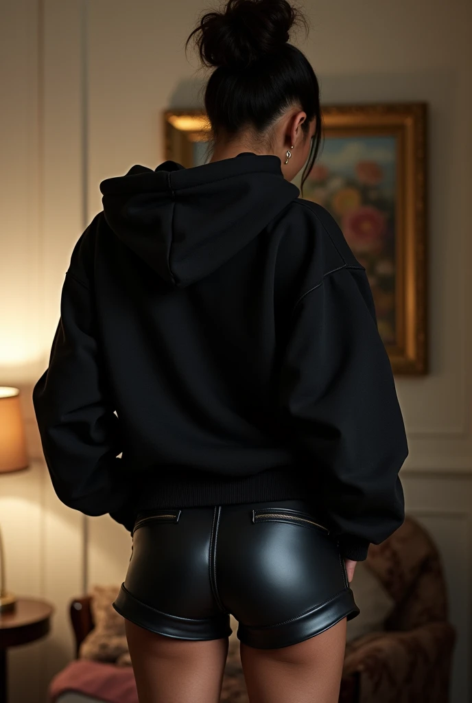 black woman hair in a bun black hoodie black leather short shorts being fucked in the ass by a old grandma in a dress