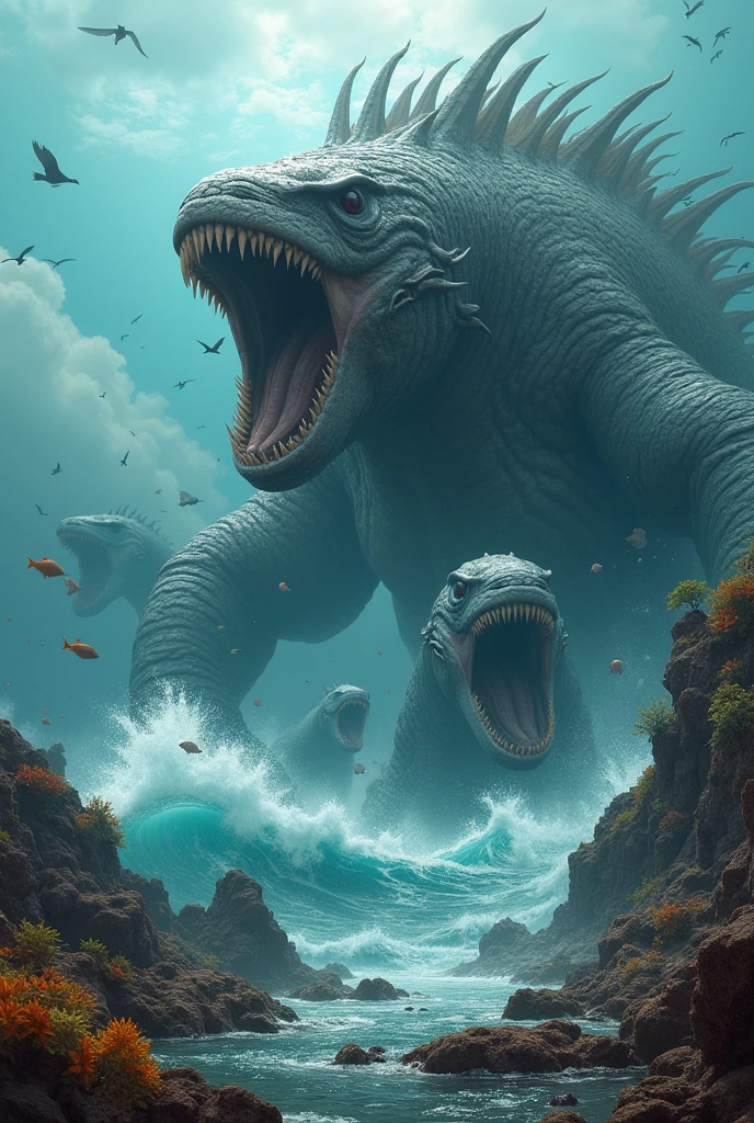 two big grey monsters, with a huge trunk, full of sharp teeth and thousands of legs. These monsters went into the sea and devoured the colorful fish. then, when the birds put on their show, the monsters jumped, catching many as they flew and scaring away the rest with his hoarse, thunder-like voice.