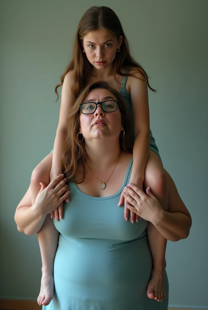 Create a photo of a 30 year old woman, with prescription glasses, frightened, with a slender and beautiful body, completely naked, with white and clear skin, with long light brown hair, wearing hoop earrings while being lifted high onto the shoulders of an obese teenage girl, did, who has short hair, who wears glasses and is wearing a blue dress