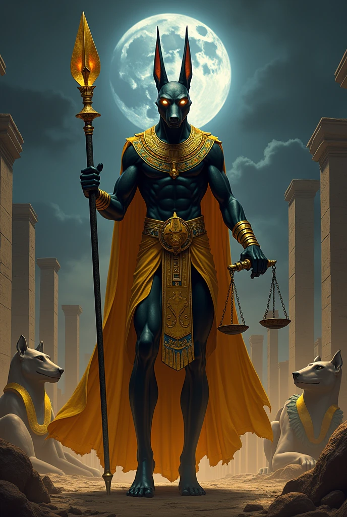 "Anubis, the Egyptian god of death and the underworld, It stands majestically against a backdrop of ancient temples under a night sky illuminated by a full moon.. His figure is imposing and stylized, with the body of a muscular man covered in a golden cloak decorated with ancient hieroglyphics. (((His head is that of a black jackal))) (((Jackal head with elongated snout))) Shiny with pointed ears and golden eyes that emit a mysterious glow. Anubis holds a staff of command in one hand, adorned with sacred symbols, while in the other he holds the scales of justice, where the souls of the dead weigh. Around it, There are sculptures of sphinxes, distant pyramids, and an atmosphere of mystery envelops the entire stage. The artistic style combines realism with elements of traditional Egyptian art., Using dramatic shadows and gold details that reflect the divinity and power of Anubis