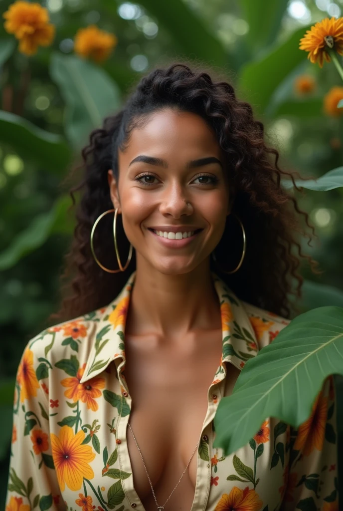 A Brazilian woman in a lush tropical garden, wearing an open shirt with a floral print, with a close-up capturing the harmonious beauty between her breasts and the natural flowers, showing off your natural charm and outgoing personality.