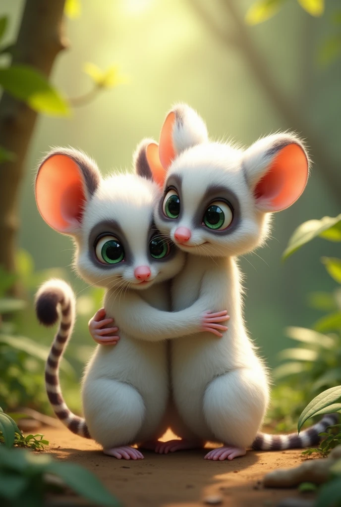 A white mouse and a lemur hugging each other both the same size