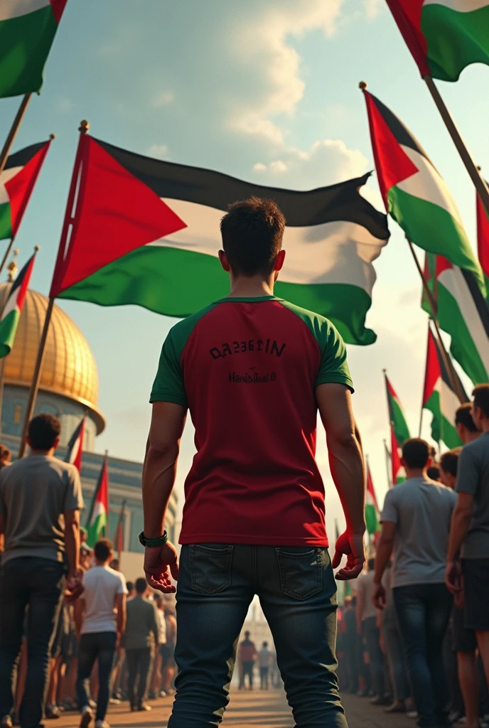 there are palasteen you flags in front A handsome boy is standing from front Aqsa،And in his hand is the flag of palasteen،and is wearing a red and green t-shirt with Name HANi_jutt_0 written on the back,and two big palasteen flags in front of him , art painting realistic photo and there are so mini flags of palasteen.