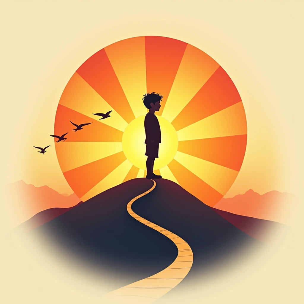 "Design a logo that depicts a young boy standing on a hilltop, facing a rising sun. The boy’s silhouette should be strong and hopeful, with the sun’s rays spreading out behind him to symbolize a new beginning and self-empowerment. The design can include subtle elements like a path leading up the hill or birds flying alongside the boy, representing progress and freedom. Use warm, vibrant colors like orange, yellow, and red for the sun, and softer tones for the boy and landscape to create a sense of warmth and optimism."