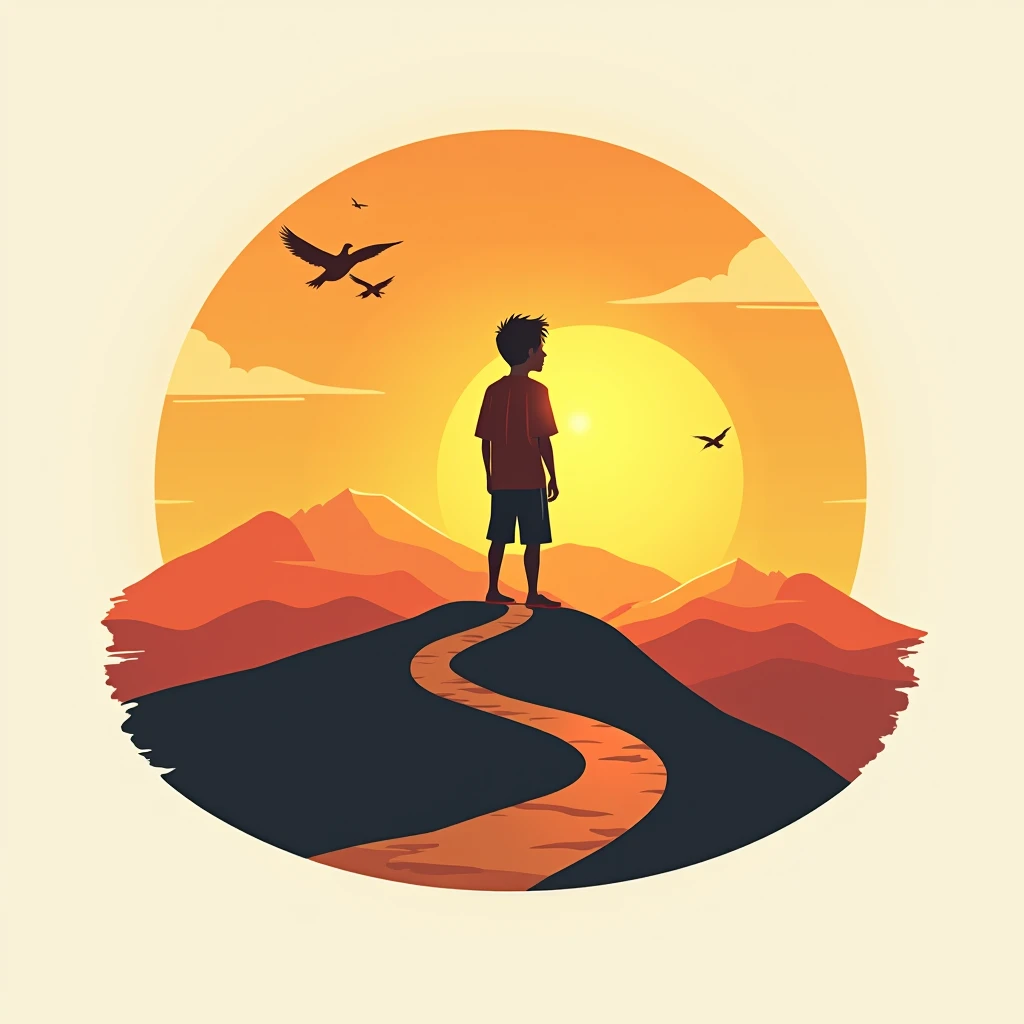 "Design a logo that depicts a young boy standing on a hilltop, facing a rising sun. The boy’s silhouette should be strong and hopeful, with the sun’s rays spreading out behind him to symbolize a new beginning and self-empowerment. The design can include subtle elements like a path leading up the hill or birds flying alongside the boy, representing progress and freedom. Use warm, vibrant colors like orange, yellow, and red for the sun, and softer tones for the boy and landscape to create a sense of warmth and optimism."
