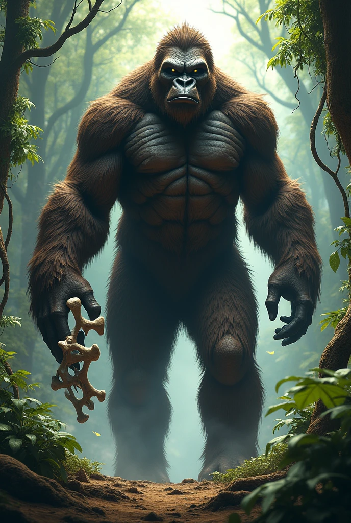 Create a strange creature look alike Bigfoot tall and big hairy full body holding bones in rainforest jungle
