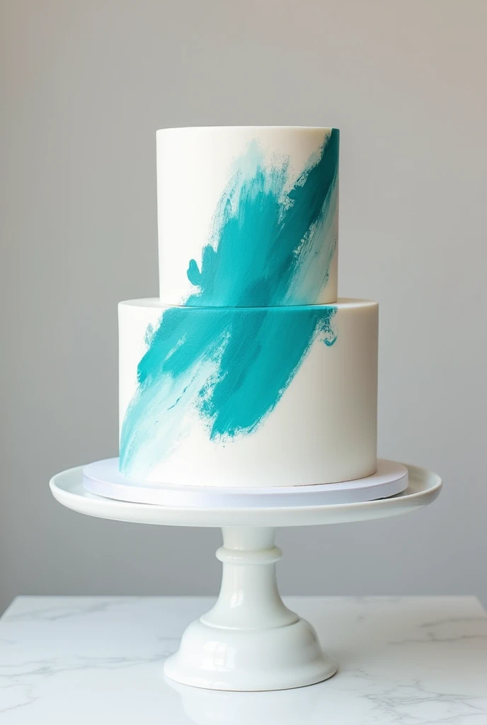 white 2-tier cake brushed with turquoise color