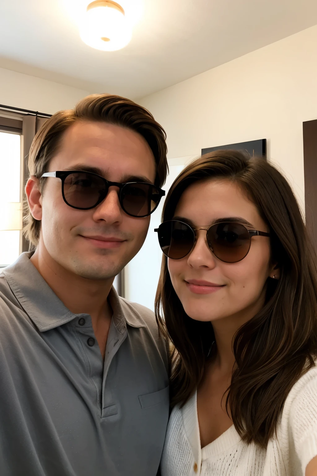 A man with brown hair, round face, and He has to wear blackout sunglasses, and a woman with brown hair, From a selfie point of view in a apartment. Extremely realistic. At nighttime