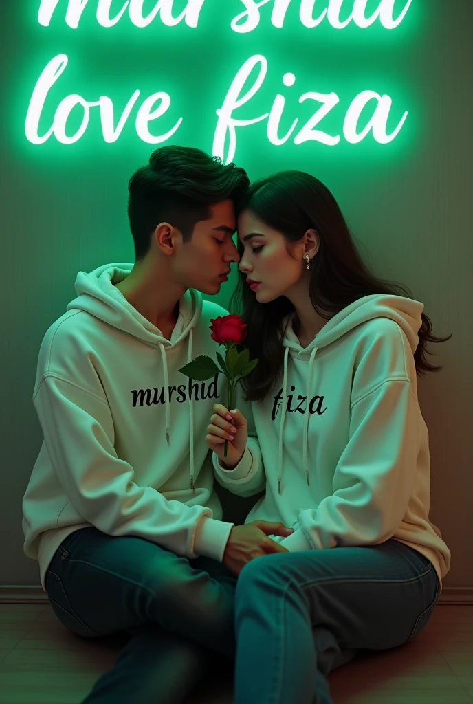 Realistic  2 cute Handsome 28 year guy  White Hoodie with 30 year beautiful women in a White Hoodie, the girl has a red rose flower in her hand and is sitting on down floor, with romantic mode, no smile, written "Murshid" in the boy hoodie and "Fiza" in girl's hoodie, and Murshid love Fiza is written on the green light glow wall text behind.