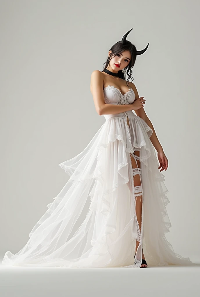 A little earrings, choker devil girl, beautiful detailed eyes, beautiful detailed lips, extremely detailed face and features, long eyelashes, porcelain skin, figure, horns, devilish expression, mischievous smile, black and red dress, lace trim, torn fishnets, detailed textures, dark fantasy, dramatic lighting, cinematic, moody colors, deep shadows, brooding atmosphere, detailed face, beautiful eyes, soft skin, intimate connection, relaxation, sensual, (best quality,4k,8k,highres,masterpiece:1.2),ultra-detailed,(realistic,photorealistic,photo-realistic:1.37),studio lighting,HDR,UHD,extreme detail description,vivid colors,warm lighting