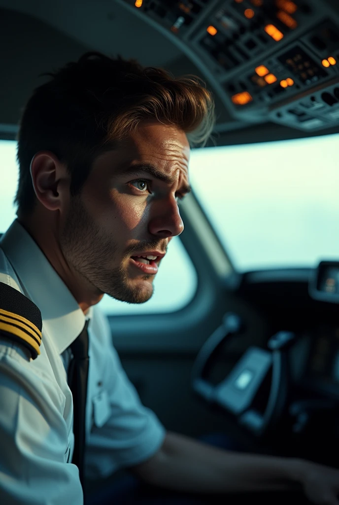 A plane pilot with passengers is scared with sweating, cinematic shot,cgi
