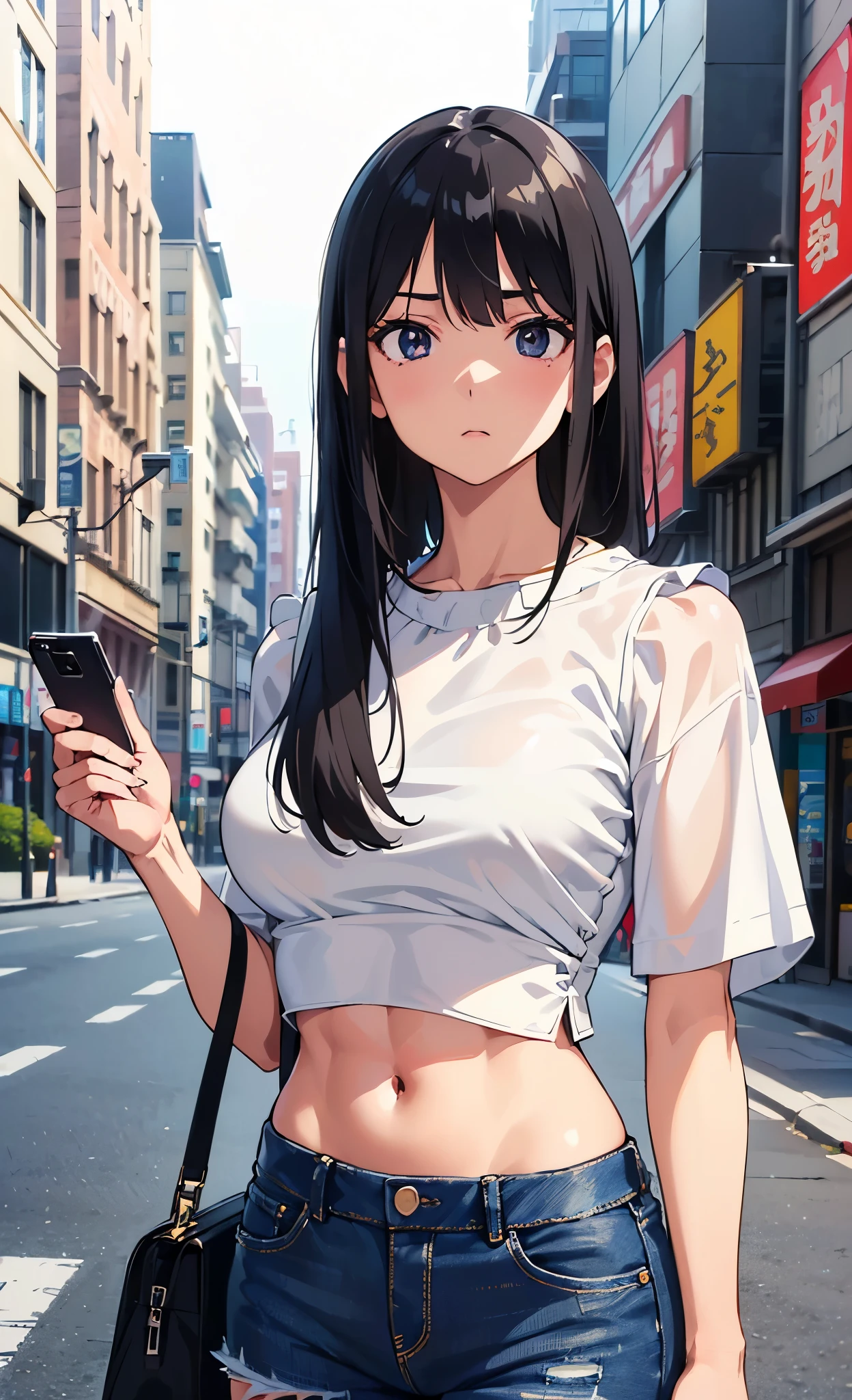 masterpiece, best quality, ultra detailed, ultra high resolution, very detailed face, ((anime)), (elder woman), (directly front shot), (looking viewer), (((white blouse, croptop))), (((medium breast))), ((short denim)), ((black long straight hair)), (((six pack abs:0.85))), ((smartphone)), ((expressionless face)), in the street of the city, buildings
