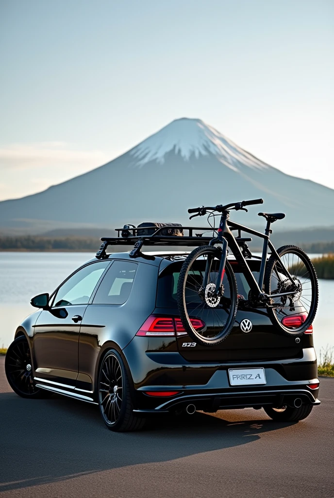 Volkswagen golf r32 mk4 black with bike rack and trek bike in black.  In the background a lake and a volcano 