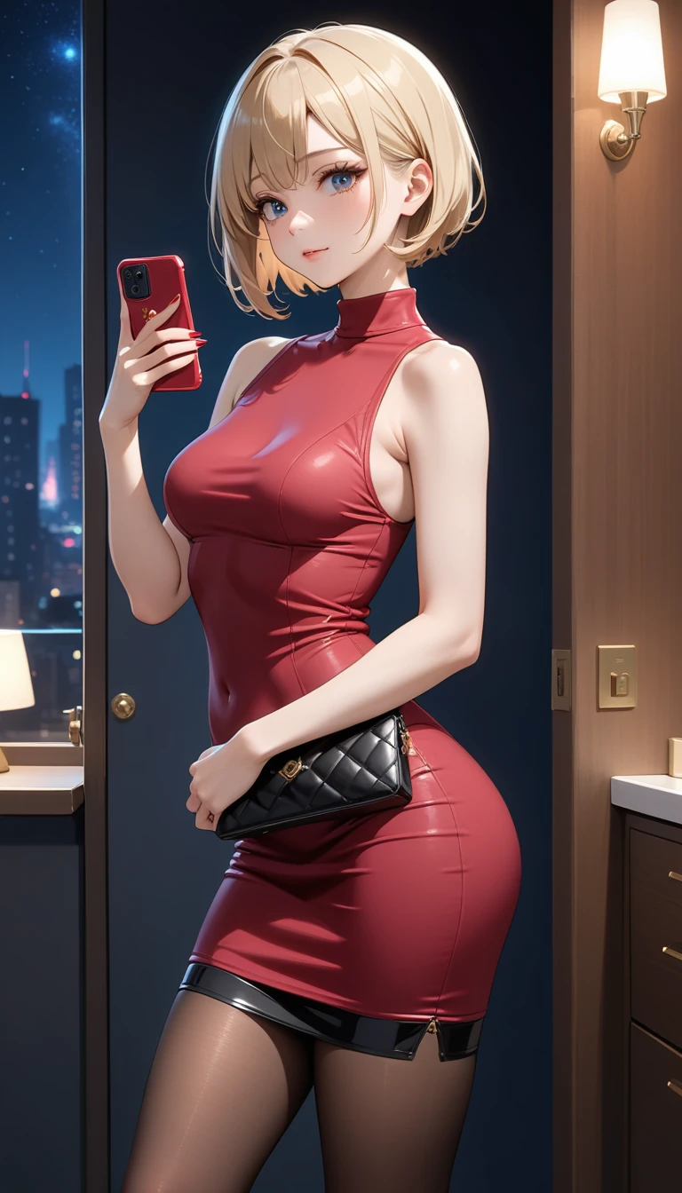 Beautiful 47y old woman with short undercut blonde hair with blue eyes wearing ((Tight Black Cirre Skirt)), ((Sexy Mock Neck Sleeveless Dark Red Blouse)), ((Sleeveless Black Suit)), ((Brown Pantyhose)), standing in her bedroom at night, holding her cellphone, (caucasian skin), (light brown lipstick), (elegant mascara), (slim body), (small breasts), (wide hips), midjourney, <lora:GoodHands-, <lora:GoodLegs-, UHD, high resolution, (masterpiece:1.9, best quality), (expressive eyes, perfect face, full body, expressive face, perfect body, perfect pussy, athletic, fit, slim body, blushing, Perfect makeup, eyeliner, beautiful eyelashes, smiling, horny face), ((best illumination, best shadows)), ((sexy pose)), score_9_up, score_8_up, score_7_up