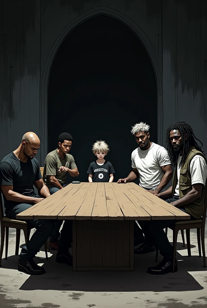 an image with 5 people sitting at a large table, a young bald black man in a black t-shirt, a short young woman with bangs and an argentina shirt, a young man with messy, wavy white hair wearing a white t-shirt and baggy pants, a tall young black man with dreadlocks wearing a military vest, and a tall chimpanzee. Everyone sitting far apart at the table, Made with thick, gothic anime lines
