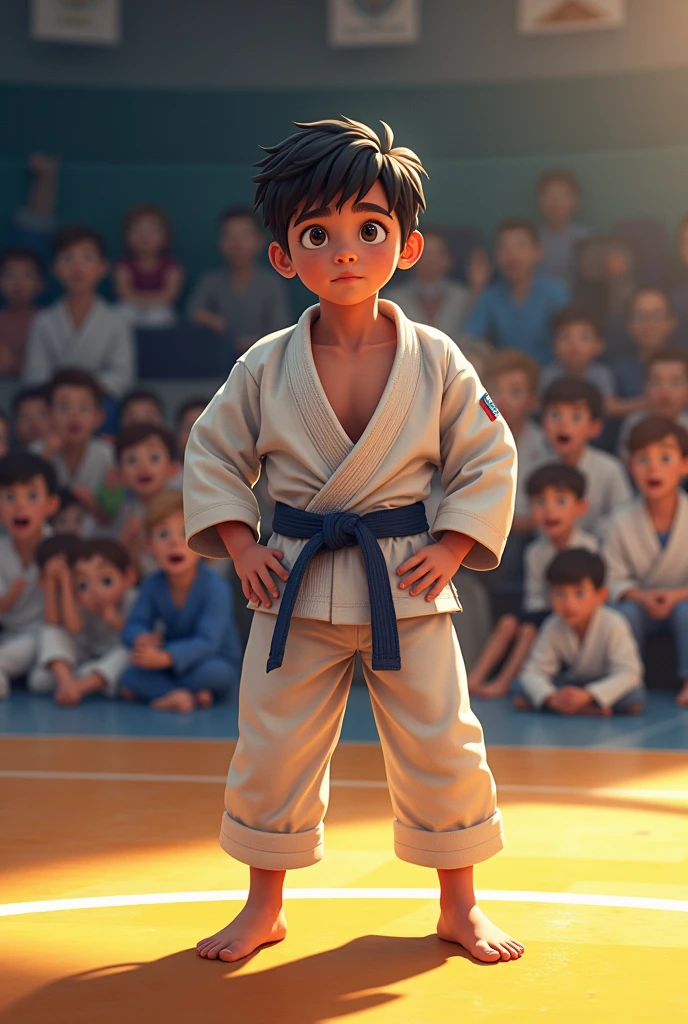 "The boy triumphantly executes the judo move in the final match, flipping his opponent onto the mat. The audience in the background is captured mid-cheer, with expressions of surprise and admiration. The boy's face shows a mix of focus and realization of his own strength."