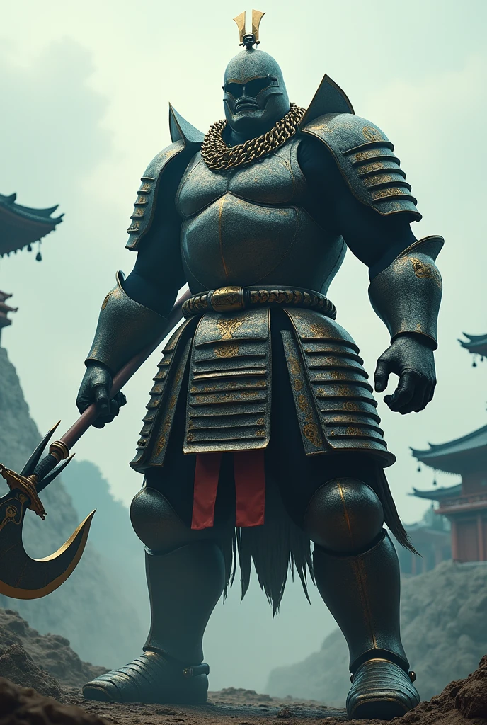 A 3 meter tall giant with a chain mail breastplate and a long two-handed Japanese halberd from the feudal period