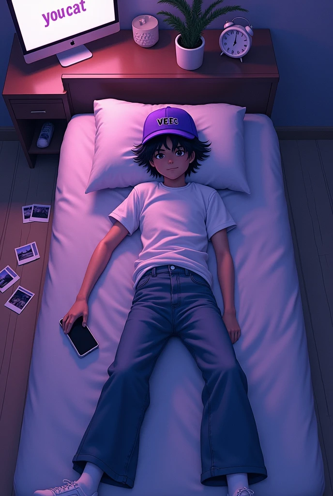 
cover for song in purple scale , that has a boy with wavy black hair, You can&#39;t see his face because it&#39;s covered by a purple cap that says veec lying on a bed, with a white t-shirt and wide jeans.In his right hand the boy holds a mobile phone . On the ground there are some polaroid photos, Next to the boy there is a table that has a computer that on its screen says your cat and next to the computer a modern clock . The whole image looks like it was a photo taken from the ceiling of a very large room and the image is animated but with urban designs 
