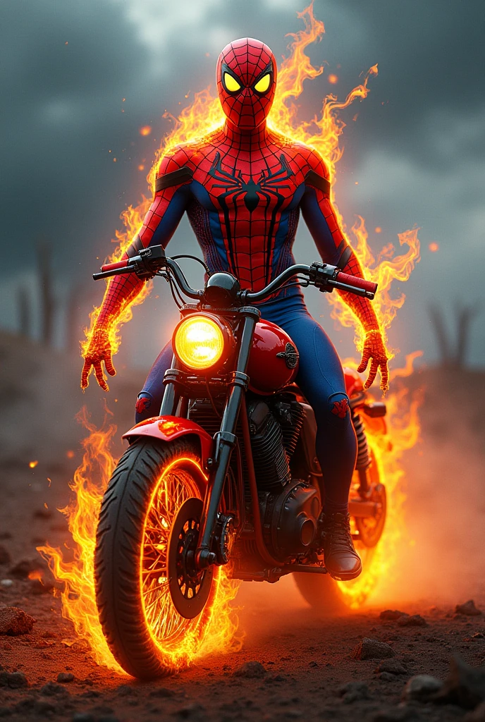 (Spider-Man in ghost Rider look with ghost Rider bike, full body look