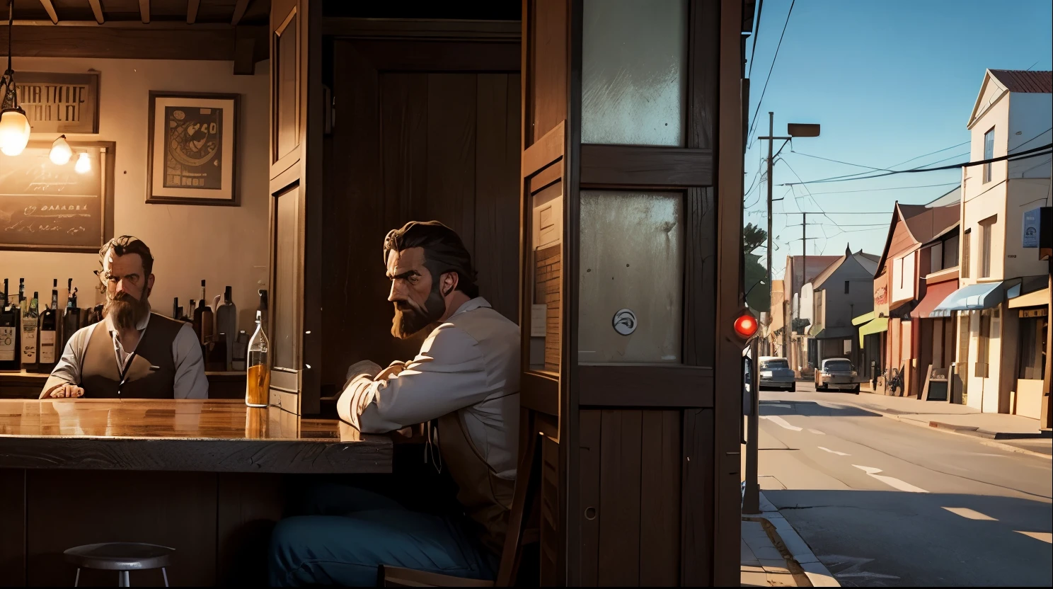 A bar in a quiet little town, a strange bar in a strange town, rough-looking men staring at the door,