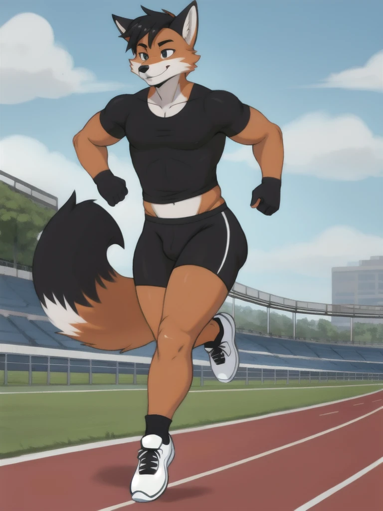 Furry, fox, male, black shirt, black spandex bike shorts, shoes, running track, solo, full body