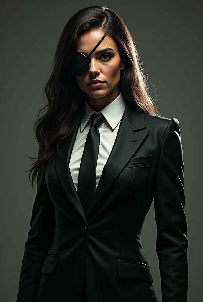 Adagio dazzle  as Slade Wilson arrowverse manu bennet female with black suit white shirt and black necktie with an eye patch brown eye color