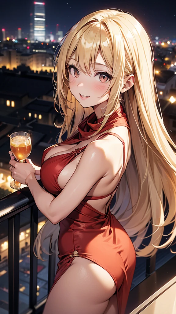 1girl, solo, bangs, long blonde hair, parted lips, medium breast, gold eyes, long hair, smile, solo, Women's red Satin Sleeveless Spaghetti Strap Mini Dress Sexy Slip Cowl Neck Silky Cocktail Party Dress, standing on the balcony, midnight cityscape background, back facing the camera