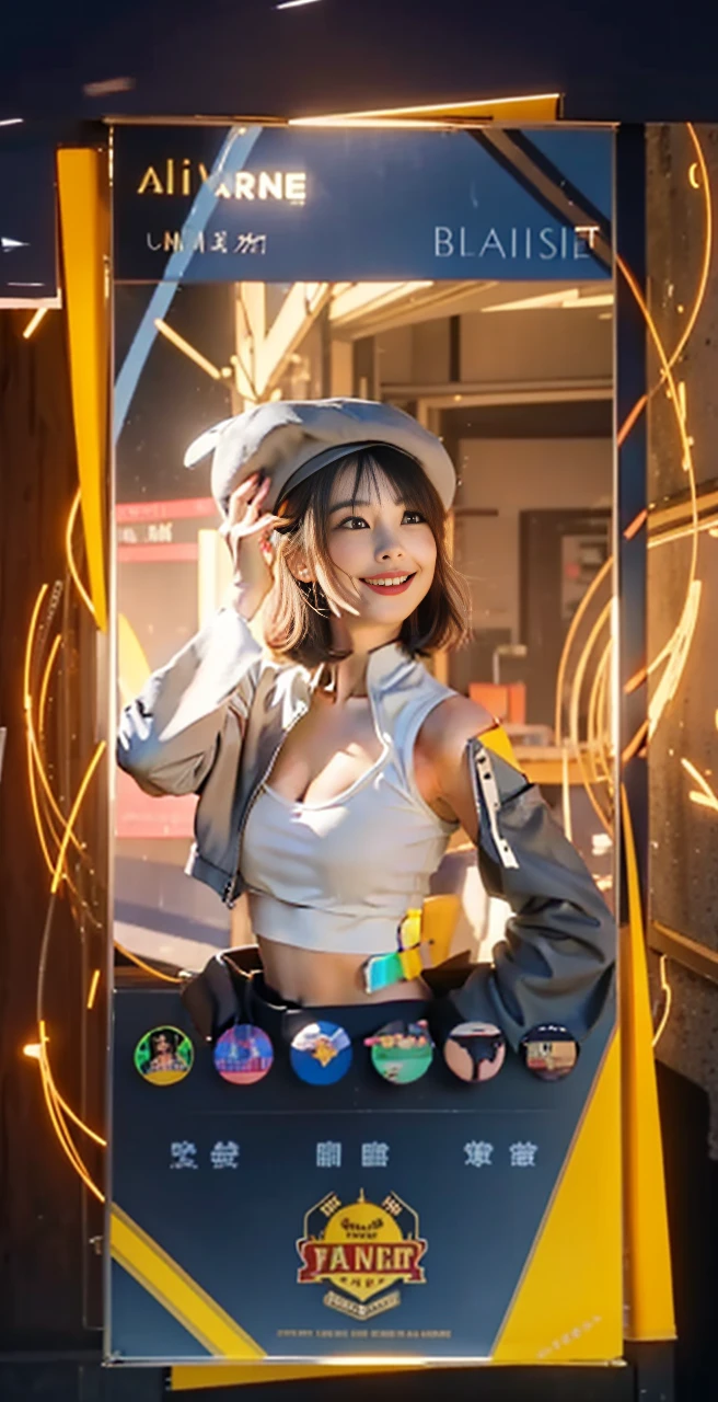 Masterpiece, Best quality, A high resolution, Manis, Short hair, ahoge, Hat, beret, hair adornments, cleavage, grey shirt, Crop top, Black jacket, Open jacket, Long sleeves, Black shorts, Short shorts, black thighhigns, Knee protectors, Smile, street, hand on hips, standing, Cowboy shot