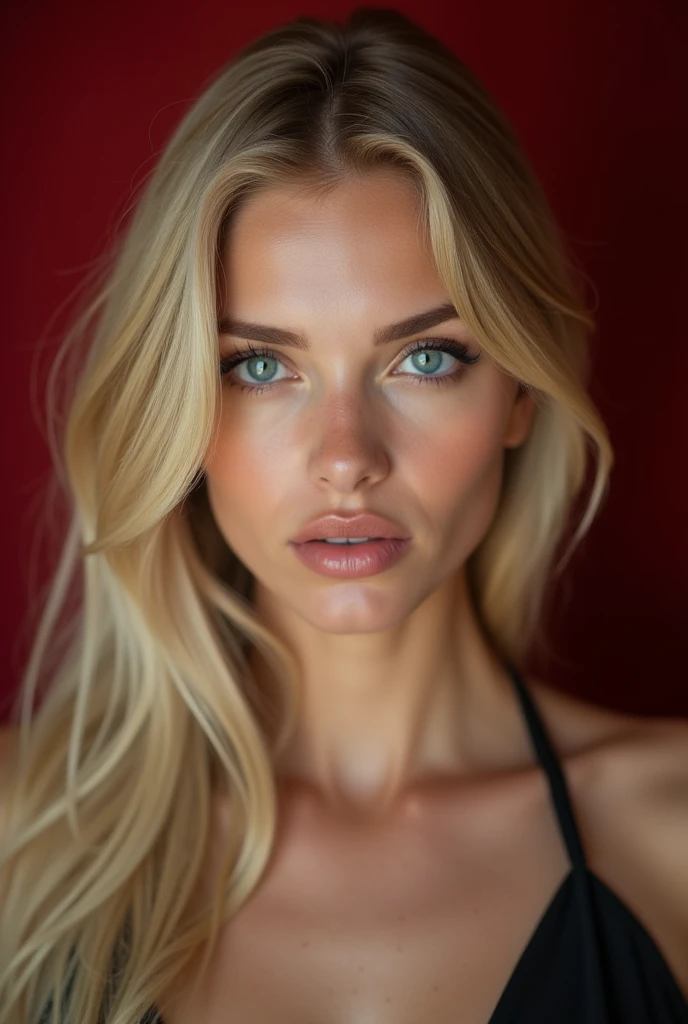 face portrait of a blonde Ukrainian woman, de 18 anos, skinny, extremely sensual face, sexy studio photo, blurred background with warm colors, background red