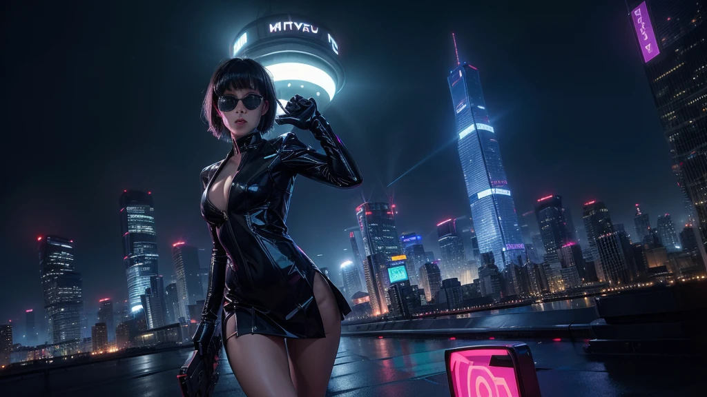 (Wide angle view). "ghost in the shell" film inspired futuristic Tokyo city, simple outlined neon tall buildings, (OLED holographic portrait on buildings), glowing giant clock tower, 1drone, lightning, 3D rendering Beeple. At night, (1girl, solo, alone), photorealistic, medium-breast slim:0.6 body, oval:0.5 face, cleavage:1.1, sexy costume with deep-v, low view pleated miniskirt, glove, (Matrix style black micro sunglasses), ((aiming viewer with a short gun)), (running pose), (half-body thigh level close-up shot), cinematic lighting, ray tracing.