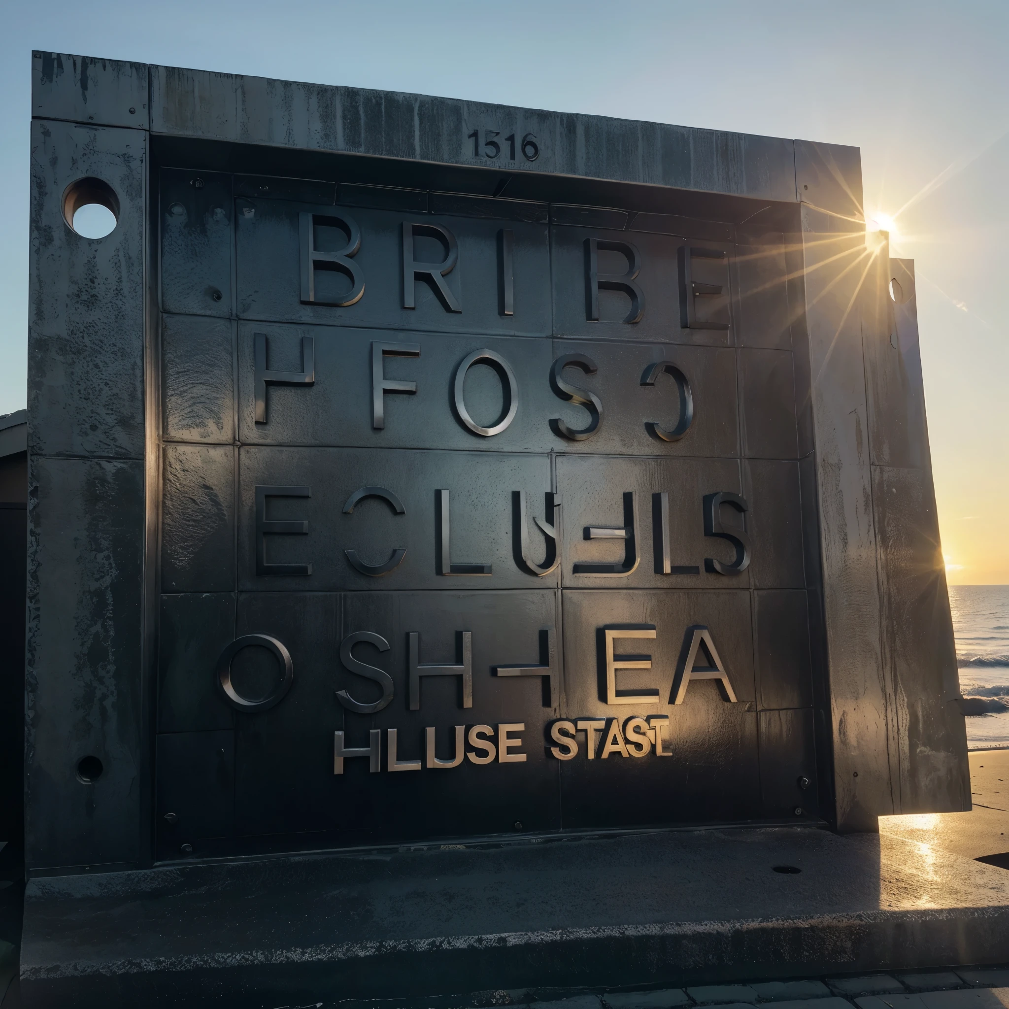Steel plate design to identify the address of my house, In it I want a sunset of the sea and the sun to be carved, without clouds and you can see in the upper right corner the text “the sunsets” and below it the numbers “1517” appear. The position must meet the ratio 16:9 and the horizontal design all in Spanish