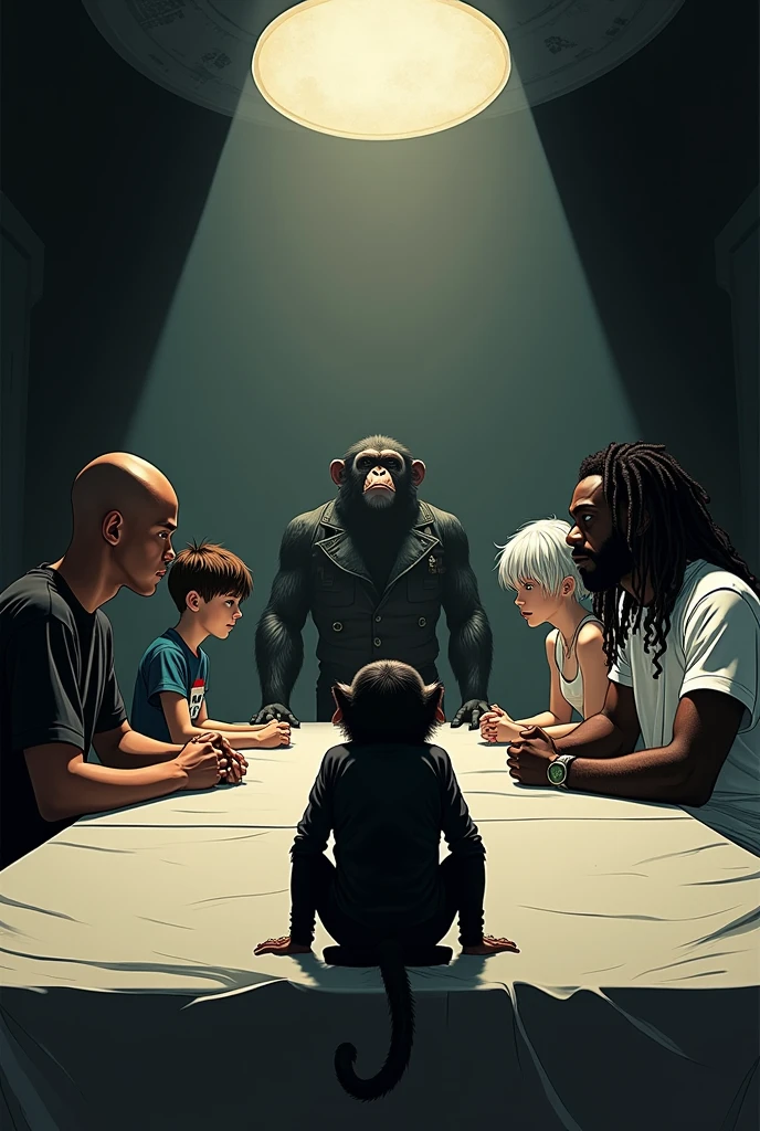 an image with 5 people sitting at a large table, a young bald black man in a black t-shirt, a short young woman with bangs and an argentina shirt, a young man with messy, wavy white hair wearing a white t-shirt and baggy pants, a tall young black man with dreadlocks wearing a military vest, and a tall chimpanzee. Everyone sitting far apart at the table, Made with thick, gothic anime lines