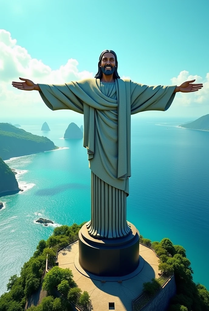 Very colorful real Christ the Redeemer smiling, with sea in the background