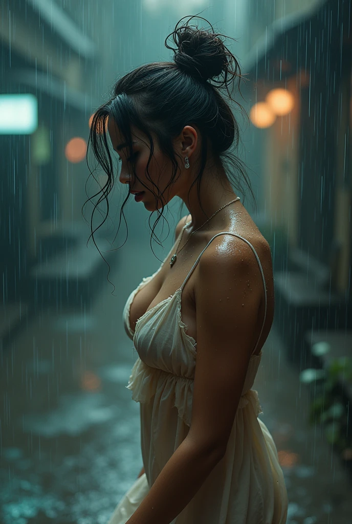 A beautiful lady dancing in heavy rain, face and body are wet, messy bun hair 32k UHD, highly details