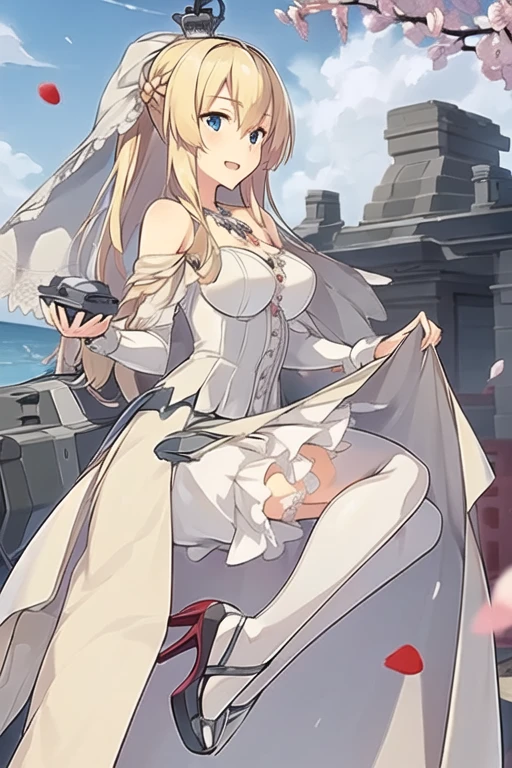 warspite \(kancolle\),,((masterpiece)),(((best quality))),((ultra-detailed)),((illustration)),((disheveled hair)),((frills)),(1 girl),(solo),1girl,bangs,blue sky,blush,bridal veil,cherry blossoms,cloud,cloudy sky,confetti,day,dress,earrings,eyebrows visible through hair,falling petals,flower,hair between eyes,hair ornament,high heels,jewelry,leaves in wind,long hair,looking at viewer,looking back,ocean,open mouth,outdoors,petals,petals on liquid,rose petals,shoes removed,sidelocks,single shoe,sky,soles,solo,splashing,tiara,tree,underwear,veil,water,wedding dress,white dress,Rating:safe,foreshortening,full body,stand,
Blonde long hair(delicate eyes),(blue eyes),(dark blue wedding dress:1.2),